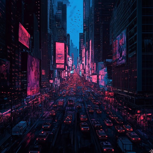 A dynamic track featuring relentless beats and sinister synths, evoking the tense atmosphere of a dystopian neon lit cityscape. The music crescendos into an overwhelming climax, mirroring the rising anxiety and chaos of urban life.