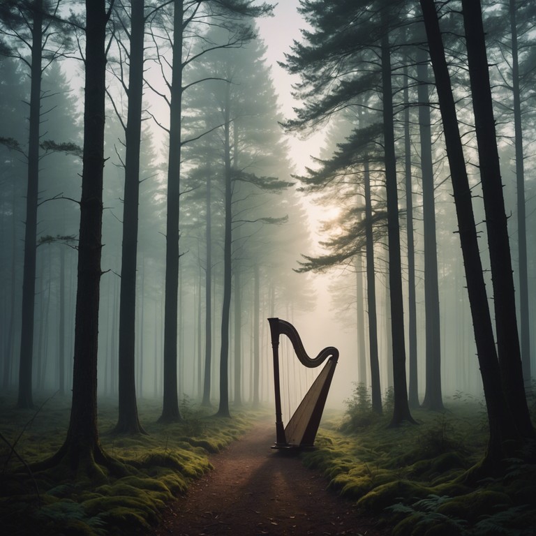 Echoes in the woods builds on the concept of a serene interaction with nature, where the harp's melodies act as a call and response with the environment, emphasizing the interconnectedness of natural elements and human perception.