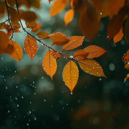 A sad, slow downtempo song with a melancholic atmosphere, the gentle sound of raindrops and autumn leaves brushing against each other. The mellow harmonies of a piano, accompanied by soft background synths evoke feelings of loss and nostalgia. Minimalistic percussion mimics the rhythmic pattern of falling rain, creating an immersive soundscape.