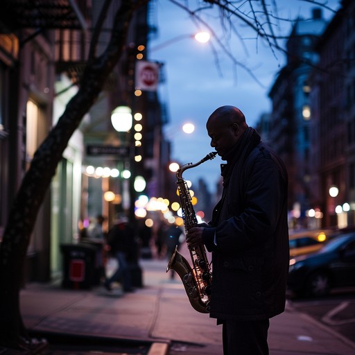 A tender saxophone melody brings forth memories of times past, filling the air with a melancholic warmth as twilight settles over the city. The music captures a bittersweet essence, akin to reminiscing about fond moments with a tinge of sorrow.