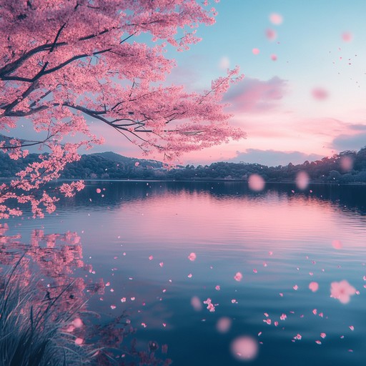 A tender, evocative melody that portrays the poignant moments of anime storytelling, accompanied by visuals of cherry blossoms slowly falling by a serene lake; designed to capture the essence of loss and the beauty within sadness in animated tales.