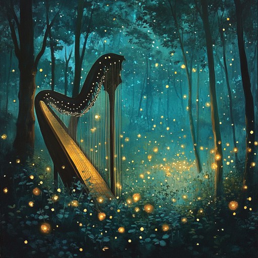 This lullaby weaves a dreamlike atmosphere with ethereal harp plucks and the soft sounds of a mystical forest at night. It creates a tranquil, otherworldly ambiance that lulls listeners into a serene sleep.