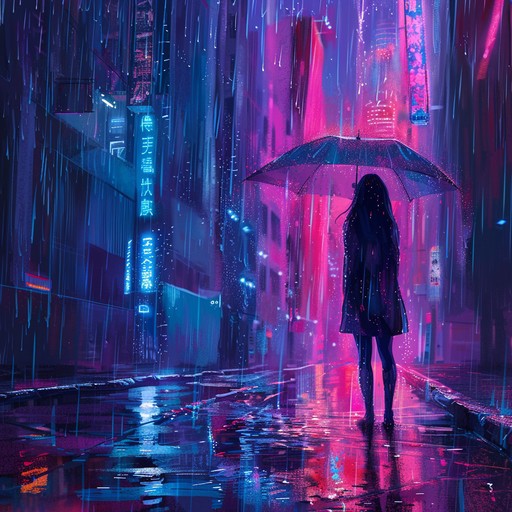 Imagine a futuristic city drowned in the glow of neon lights and a gentle rain that whispers through the streets. The track builds an atmosphere of mystery and technological allure, amplified by the distant hums of electric activities and sporadic droplets echoing through a silent urban sprawl.