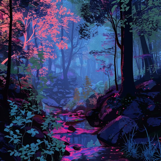 Soothing synth melodies and ambient forest sounds combine to create a peaceful, meditative electronic track reminiscent of a neon lit wilderness.