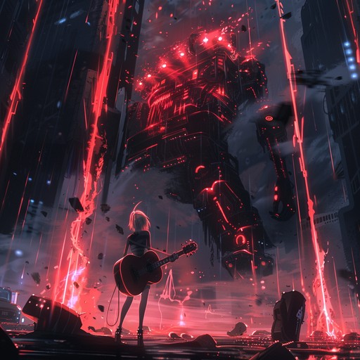 An electric guitar driven composition perfect for intense dystopian confrontations in anime, featuring dynamic rhythms and powerful melodies to elevate dramatic moments. Ideal for emotionally charged, high stakes scenes.