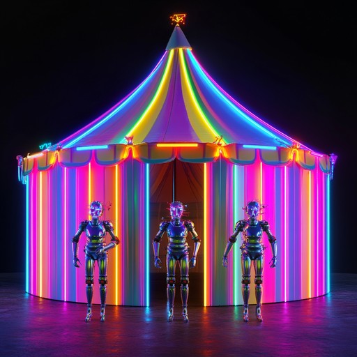 Imagine a neon lit circus in the heart of a futuristic city where playful clowns, robotic acrobats, and dreamy landscapes blend to create an enigmatic, whimsical soundscape