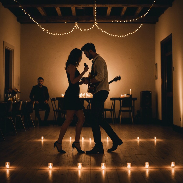 Imagine a lovers' dance beneath a cosmic canopy, where every strum of the guitar resonates with the beat of the heart, crafting an intimate dialogue between the music and the moonlit dance floor