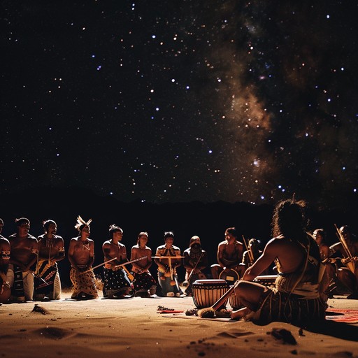 As the full moon ascends, the night awakens with the sound of resounding drums. A tribe of modern rebels dances around a fire, their silhouettes casting long shadows on the ground, creating a lively yet solemn spectacle of ancient traditions revitalized in defiance of the contemporary world's challenges.