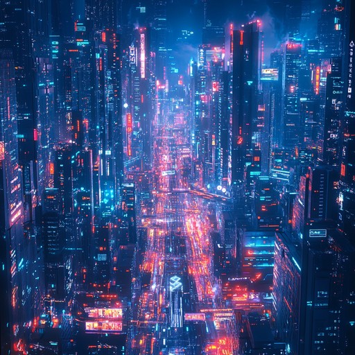 An instrumental track that combines synthetic melodies with pulsating electronic beats, creating an immersive journey through a cybernetic metropolis, blending futuristic sound design with atmospheric textures.