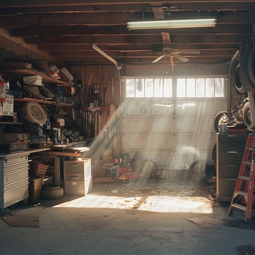 Imagine a relaxed summer afternoon in a suburban garage, where rays of sunlight peek through dusty windows. The guitar gently strums, evoking a sense of nostalgia, peace, and warmth. The ambience recalls lazy days spent with friends, tinkering with old car parts, and sharing stories. The melody is simple yet evocative, capturing the essence of quiet suburban charm and contentment. Perfect for those looking for a serene and reflective instrumental piece.