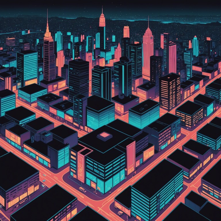 This piece captures the essence of a futuristic cityscape under neon skies, blending ethereal sounds with abstract musical structures to evoke a sense of wonder and anticipation. The music floats with an airy grace, punctuated by digital artifacts that suggest a digital dreamscape, blurring the lines between organic and synthesized.