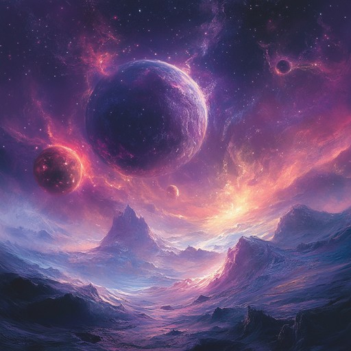 A mesmerizing fusion of celestial choruses, orchestral strings, and synth waves, painting a vivid narrative of cosmic exploration and enigmatic discoveries in an alien landscape. The piece ebbs and flows between awe inspiring moments and tension filled crescendos, leaving the listener in a state of profound wonder.