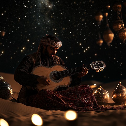 A lively instrumental piece featuring traditional oud melodies, capturing the exuberant spirit of a middle eastern celebration under the stars, where music brings people together in happiness and harmony.