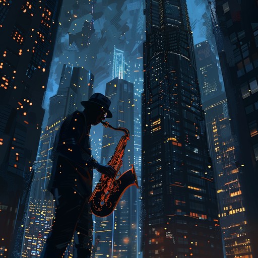 Compose an adventurous and lively track merging classic jazz elements with contemporary electronic music, mirroring the bustling atmosphere of a neon lit city. Explore bold solos and electronic harmonies to push jazz boundaries.