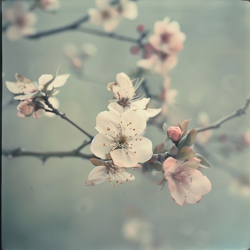 Delicate pink cherry blossom petals flutter and dance in the gentle spring breeze, swirling gracefully from the branches. A sweet, soft and soothing melody captures the ephemeral beauty of nature in bloom.