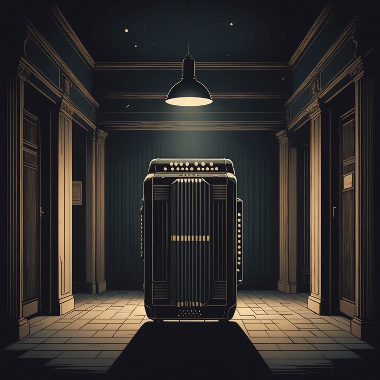 In a grand, once opulent ballroom, now shrouded in cobwebs and dust, ethereal sounds echo off walls that have heard centuries of secrets. Shadows play across torn curtains as the accordion's melancholy tune merges with the ghostly ambiance of the place, beckoning listeners to lose themselves in its otherworldly charm.