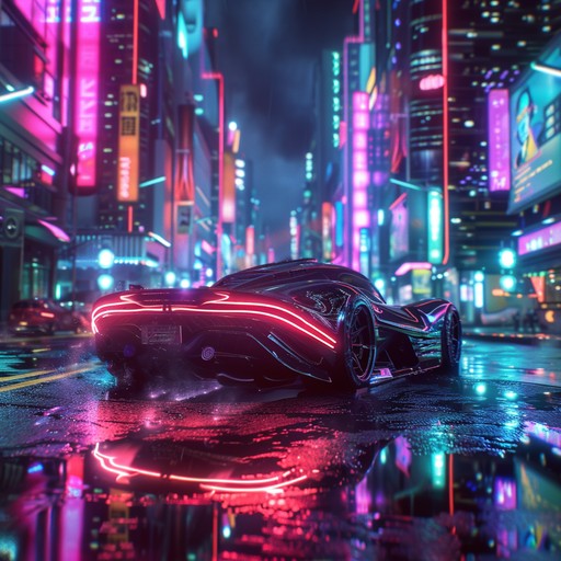 Fast paced synth melodies and pulsing bass lines create a thrilling, energetic atmosphere, perfect for a high speed nighttime chase scene through a neon lit cityscape.