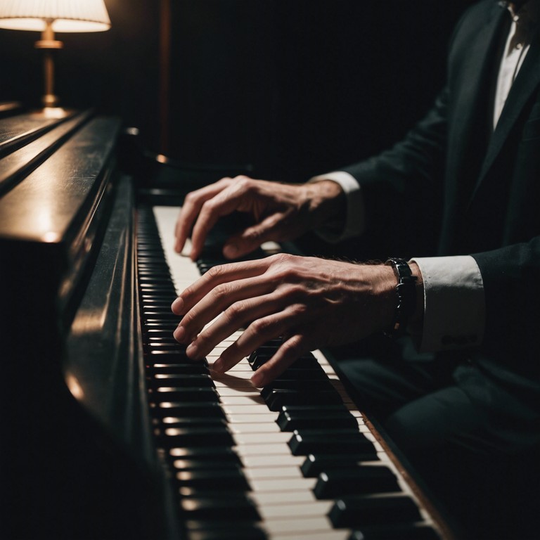 Imagine a dimly lit cabaret bar, where the only light focuses on the grand piano, stark against the shadowy background. A solitary pianist plays a foreboding tune, filling the room with a suspenseful atmosphere that hints at unspoken stories and hidden fears.