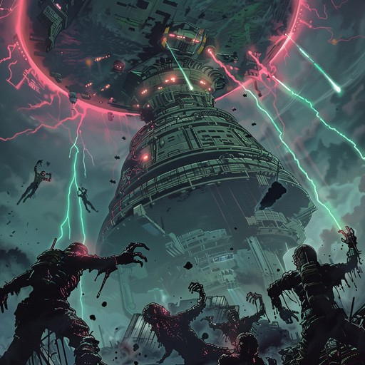 Imagine a fierce battle in outer space between laser-wielding zombies and a massive alien mothership. The track opens with an ominous, atmospheric intro featuring distant laser blasts and eerie zombie groans. Suddenly, a powerful wobble bassline drops, accompanied by gritty, distorted synths and rapid-fire percussion. The intensity builds with each section, introducing new laser gun sound effects and increasingly complex rhythms. The climax of the song features a heart-stopping drop with a relentless, chest-thumping bassline and frenzied synth arpeggios, painting a vivid picture of the chaotic space battle reaching its peak. As the track comes to a close, the mothership's engines roar and the zombies let out one final, defiant growl before fading into the void.