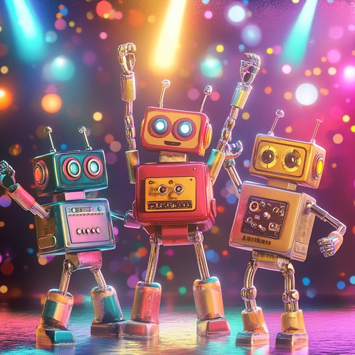 A lively instrumental piece that fuses playful melodies from toy instruments with energetic electronic rhythms, creating a cheerful and quirky atmosphere that evokes images of dancing robots having fun