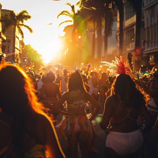 A lively and energetic samba piece capturing the essence of a brazilian carnival as the sun sets, with rich percussion and captivating melodies bringing the festive atmosphere to life.