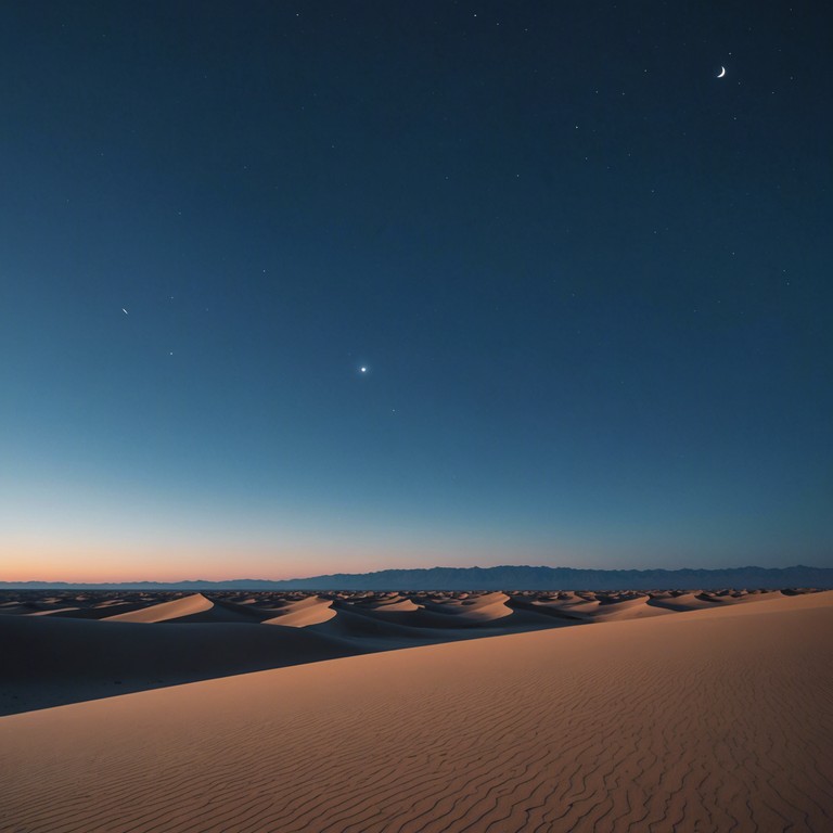 This composition offers a gentle auditory journey through a mystical desert at twilight, where soft flute sounds create a contemplative atmosphere perfect for relaxation or meditation.