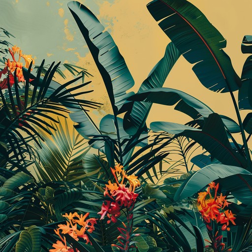 A serene instrumental journey through a vibrant tropical landscape, with gentle breezes rustling the leaves of towering palm trees and lush foliage. The soothing sounds of a hawaiian slide guitar and soft percussion evoke a sense of tranquility and relaxation, as if lounging in a hidden oasis.