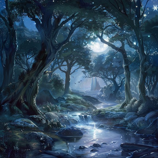 A relaxing instrumental tune that guides listeners through a magical forest bathed in moonlight, with an ambiance filled with the serenade of nature and the mystique of the unknown.