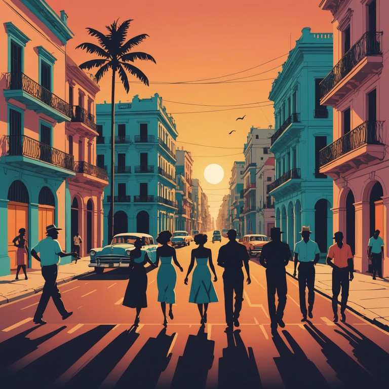 This composition captures the essence of a festive sunset in havana with its energetic and vibrant mambo rhythms. The song is designed to evoke the lively atmosphere of a street dance with its complex percussion patterns and dynamic brass sections.