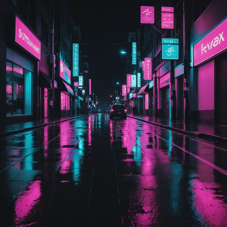 In the depths of a rain soaked city, neon lights cast reflections on the wet streets, imbuing the atmosphere with a sense of longing and unresolved emotion. The sound of a synthesizer echoes the loneliness of urban life, crafting an ambient soundscape of heartache in the face of eternal city lights.