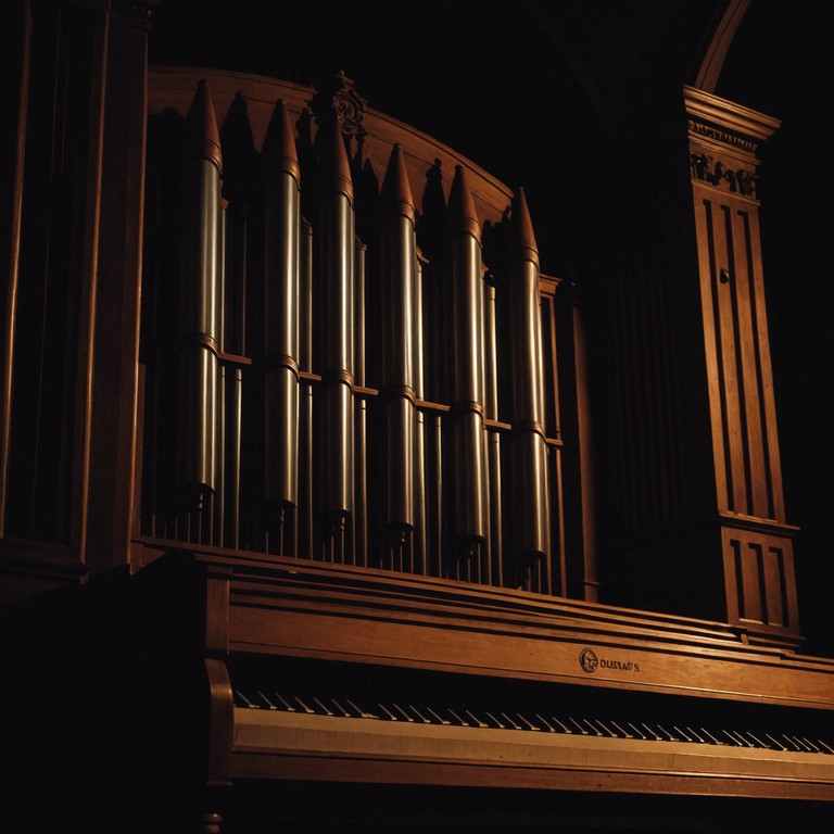 In an opulent, dimly lit opera hall, the soft sound of a pipe organ interplays with silence to heighten the sense of secrecy and foreboding, as if anticipating a dramatic, terrifying discovery.