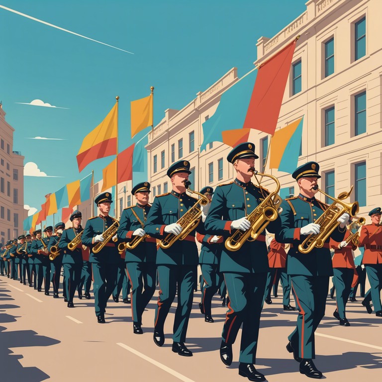 An instrumental echoing the celebration of festive periods through military styled music, using primarily drums and brass for an uplifting and patriotic feeling.