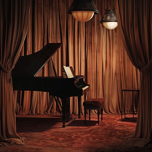 Enter a velvet draped cabaret where sultry melodies fill the air. Emotional piano chords weave through the room, invoking passion and longing. The atmosphere is intimate, dramatic, and dripping with vintage charm as the piano creates sweeping crescendos and delicate passages.