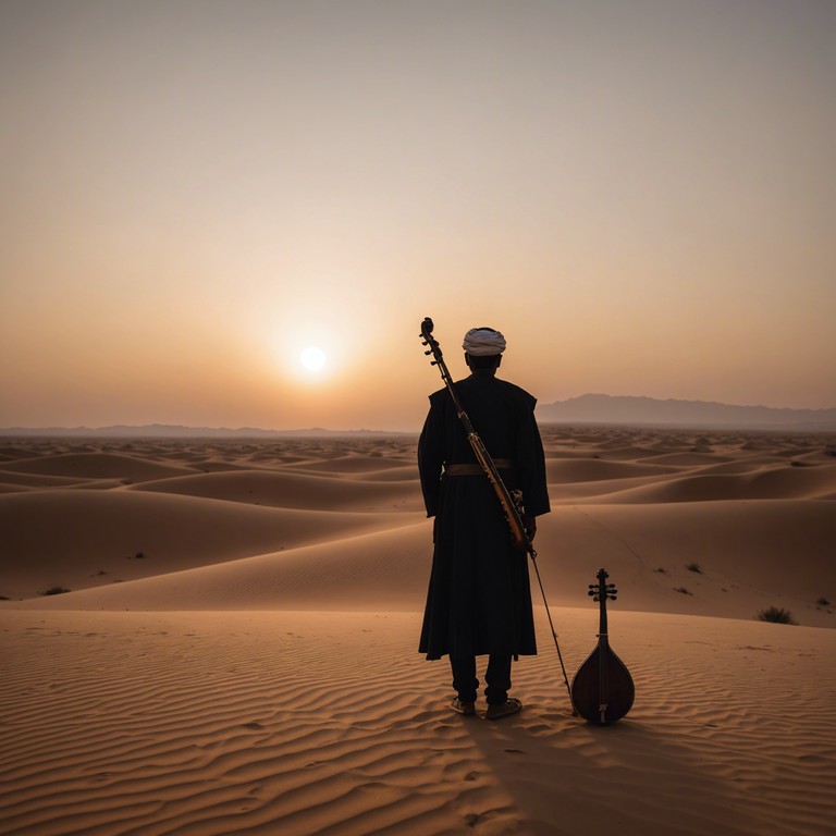 A gentle composition that captures the essence of a serene, mystical middle eastern landscape, infused with tender emotions and the spirit of ancient tales. This piece uses traditional musical arrangements to evoke a journey through timeless sands under the twilight sky.