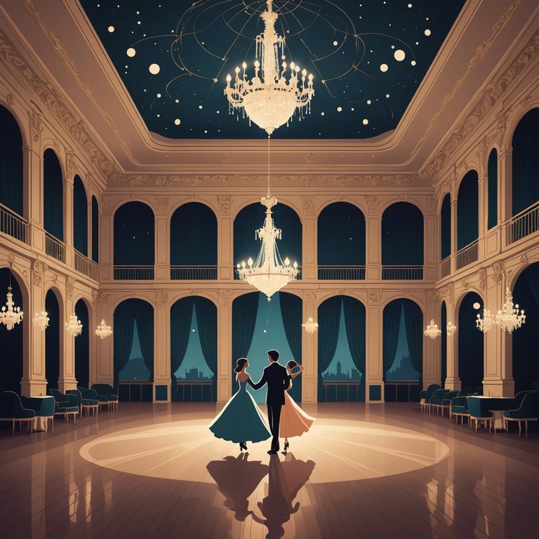 A sophisticated and glittery composition that evokes the ambiance of a magical, moonlit ballroom filled with an aura of mystery and enchantment. The music, primarily carried by the ethereal tones of a harp, invites the listener into a world of delicate beauty and sublime tranquility, blending sophistication with a touch of the fantastical.