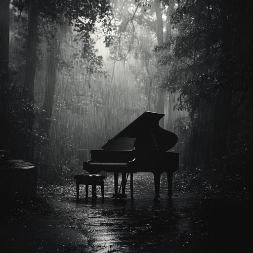 Capture the melancholic beauty of a rainy forest through a solitary piano melody accompanied by subtle ambient sounds of rainfall and distant thunder. The composition should invoke a strong sense of nostalgia and longing, amplifying the serene yet profound sadness of the setting.