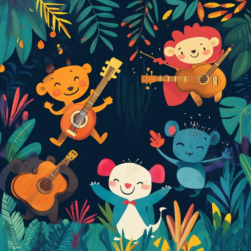 This lively track induces laughs and dance, enchanting children with its whimsical ukulele melody accompanied by energetic rhythms. The catchy song invites imaginations to picture a joyous jungle scene teeming with spirited animals all joining the fun.