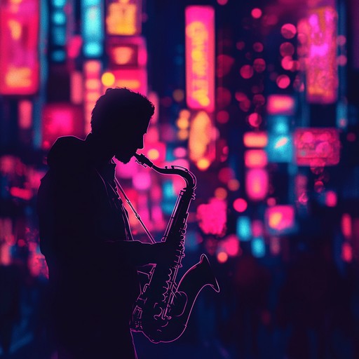 An instrumental piece blending sensual jazz and soul, featuring smooth saxophone melodies over a slow, groovy rhythm, capturing the intimate atmosphere of a late night urban setting illuminated by neon lights.