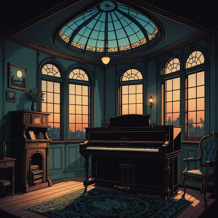 As dusk settles, the piano's melody grows stronger, telling stories of ages long forgotten in a manner both enchanting and somber, accompanied by the soft sighs of the nocturnal world