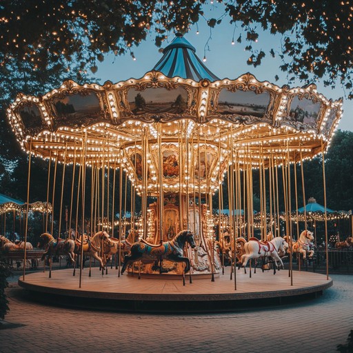 An instrumental waltz featuring whimsical music box tones and lively orchestration, evoking the enchantment of a spinning carousel in a moonlit park.