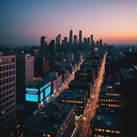 dramatic cityscape under glowing neon lights