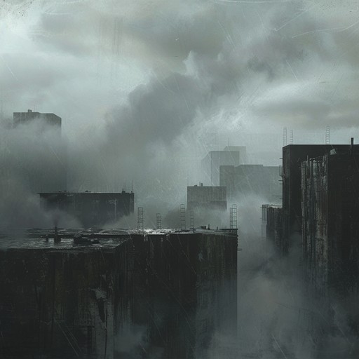 An intense cocktail of heavy metal guitar riffs blended with industrial beats, painting a raw and gritty picture of a storm ravaged urban environment.