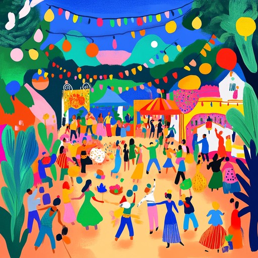 An energetic and whimsical carnival themed track with upbeat rhythms and fun melodies. The music captures the exuberance and joy of a bright, colorful festival, creating a sense of playful wonder and excitement.