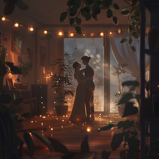 A smooth melodic piece painting an intimate evening of romance, where guitar strums and ethereal melodies wrap lovers in a velvet night. It emanates warmth and togetherness.