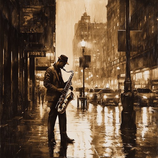 Transport yourself to a smoky, dim lit jazz club in 1950s urban america with smooth saxophone melodies, gentle piano chords, and soft double bass lines. The music embodies the romance and melancholy of bygone nights and echoing footsteps on rain soaked streets.