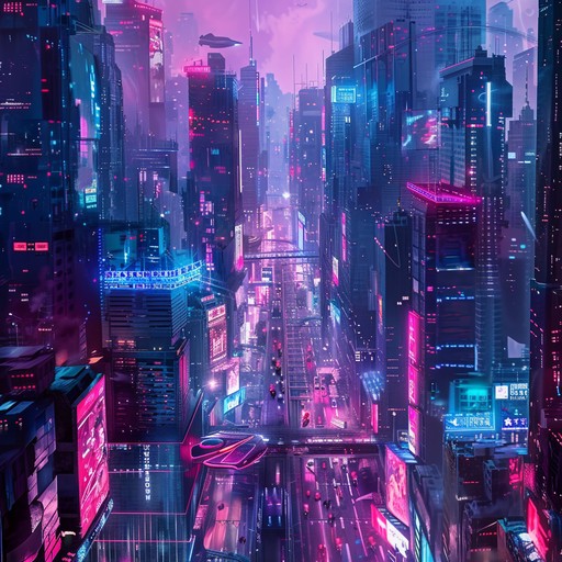 Engage in a hopeful cyberpunk narrative within a bustling, illuminated cityscape. Powerful synth lines and driving rhythms symbolize optimism and resilience in a high tech world. Bright, electronic soundscapes guide you through a stunningly chaotic yet inspirational digital panorama.