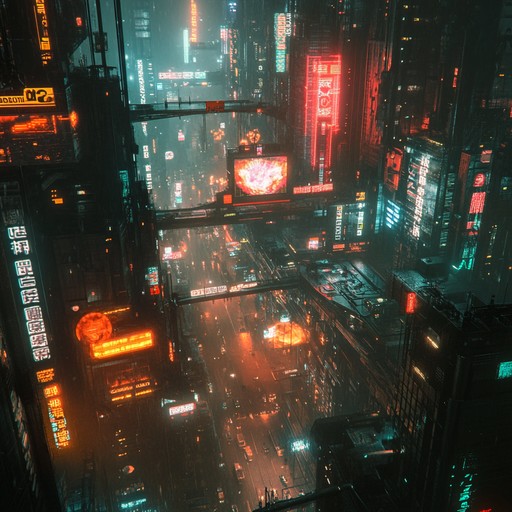 An instrumental piece that captures the essence of a dystopian metropolis, featuring driving synths, heavy beats, and atmospheric textures reminiscent of neon lit streets.