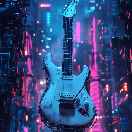 A powerful instrumental track blending aggressive hard rock guitar riffs with futuristic electronic sounds, creating an intense and immersive sonic experience that evokes the energy of a cybernetic world