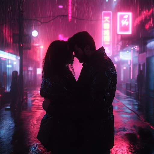 A pulsating track blending futuristic beats with haunting melodies, capturing the essence of love in a neon lit metropolis. The interplay of synthesized sounds and emotional crescendos paints a picture of passion and longing amidst a high tech dystopia.