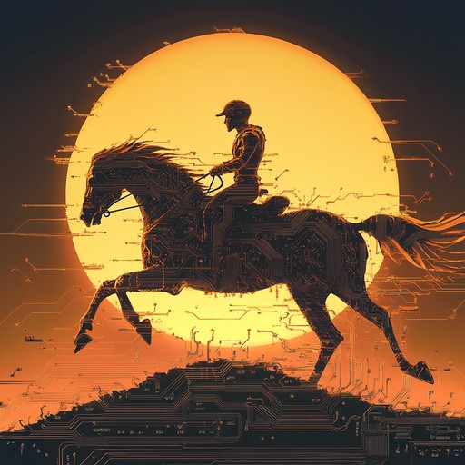 An instrumental piece blending traditional country instrumentation with futuristic electronic sounds, depicting a cowboy's journey through a digital landscape.